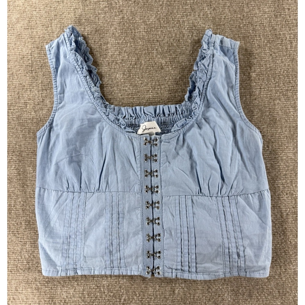Japna Blue‎ Cotten Cropped Tank Top Ruffle Trim Hook Eye Front Womens Small